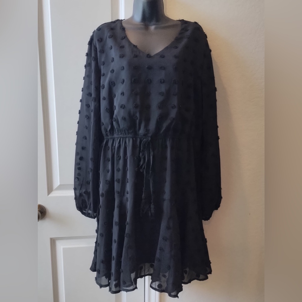 KIRUNDO Women’s Dress Long Sleeves V Neck Flowy Mini Dress Swiss Dot XL.